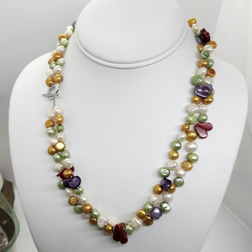 Double Strand Pearl Shell Coral Necklace‎